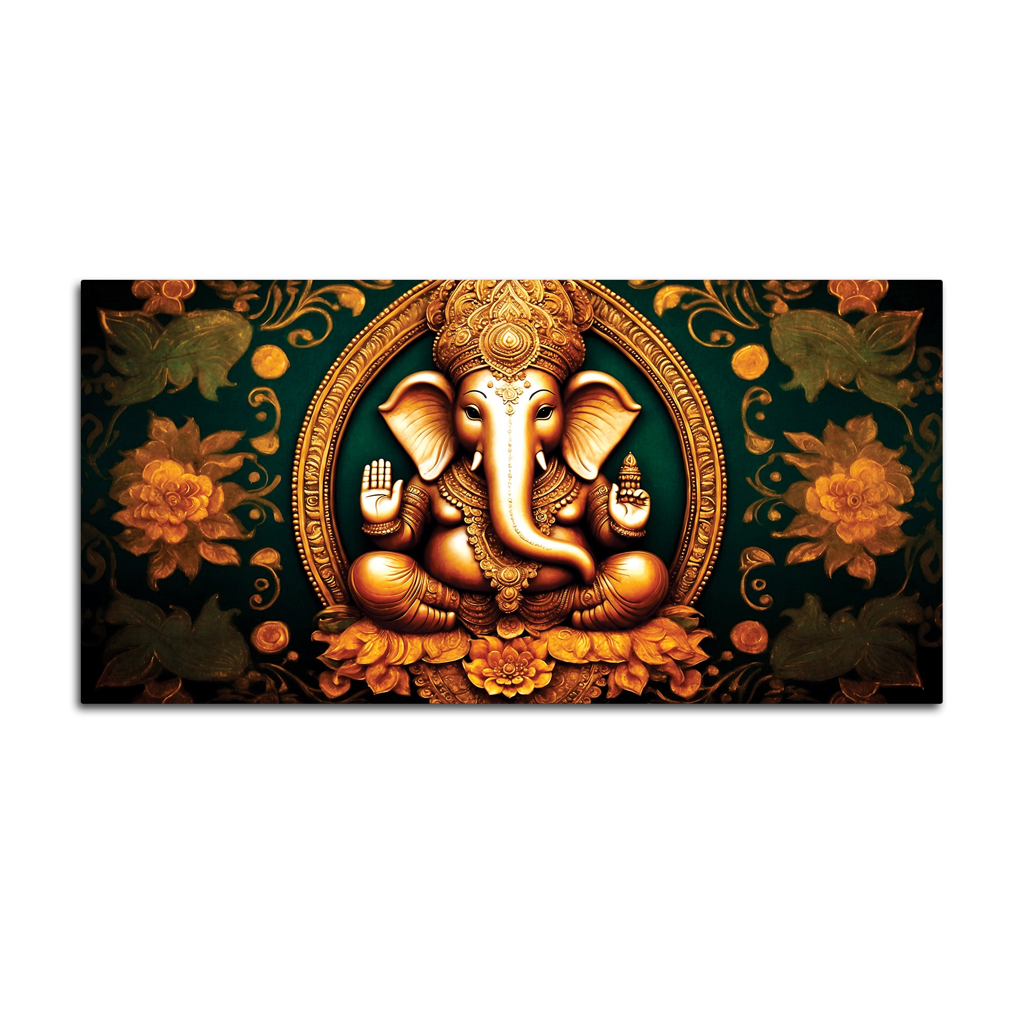 Royal Divine Lord Shri Ganesha with Beautiful Flowers Spiritual Canvas Wall Painting for Home & Office Decor – Modern Devotional Wall Art