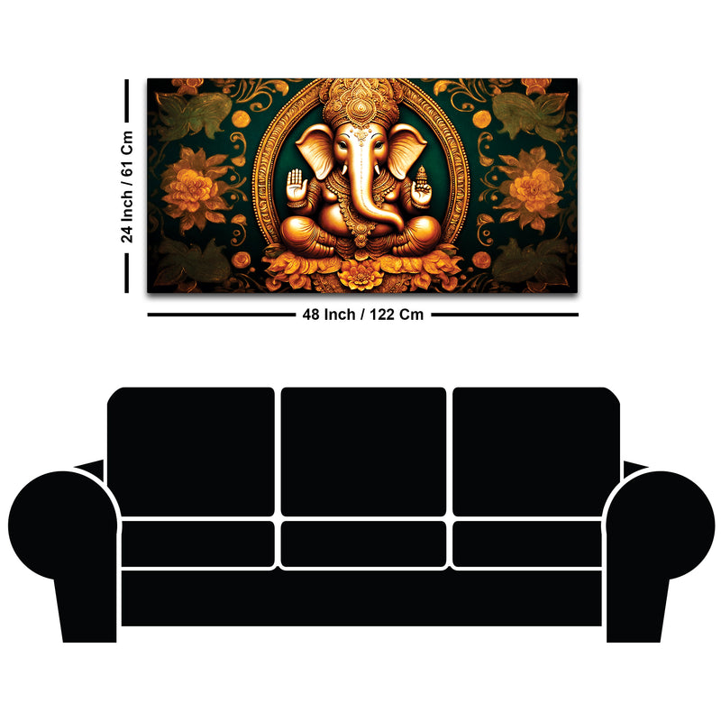 Royal Divine Lord Shri Ganesha with Beautiful Flowers Spiritual Canvas Wall Painting for Home & Office Decor – Modern Devotional Wall Art