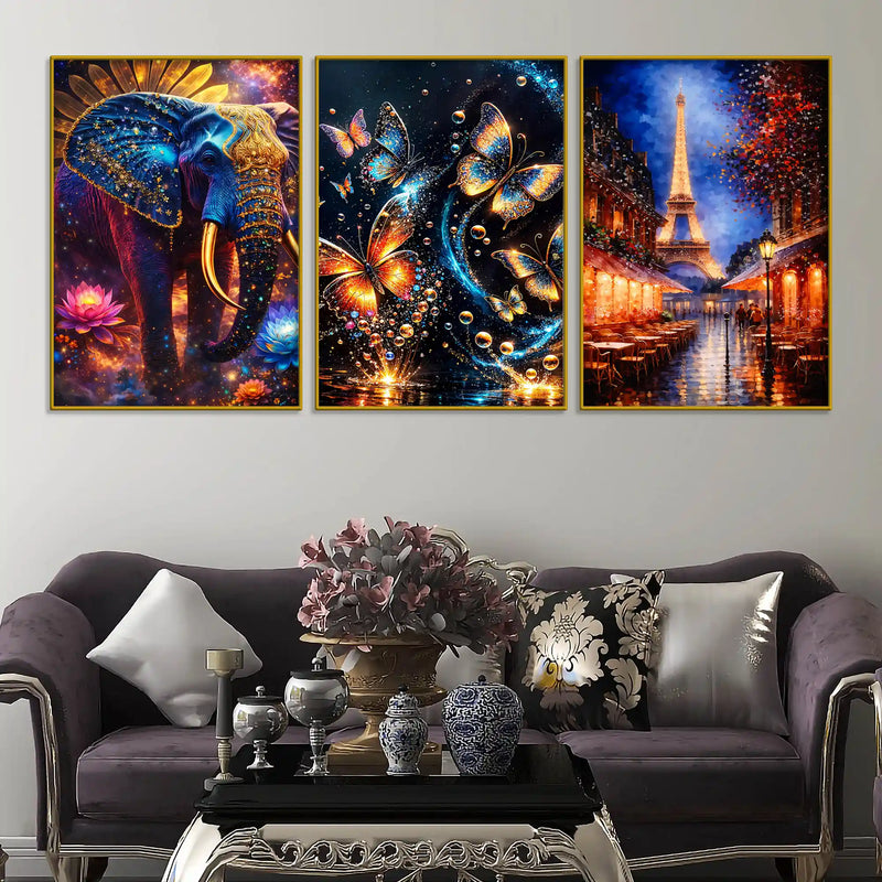 Royal Elephant Butterflies and Paris Eiffel Tower Floating Frame Crystal Wall Painting Set of 3