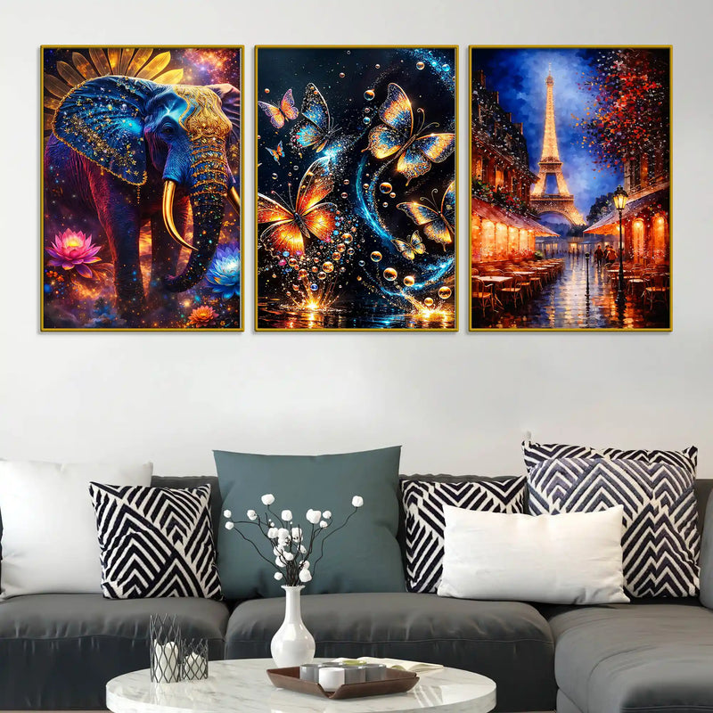 royal-elephant-butterflies-and-paris-eiffel-tower-floating-frame-crystal-wall-painting-set-of-3