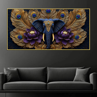 Royal Elephant Face with Peacock Feathers and Purple Lotus 3D Canvas Wall Painting