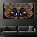 Royal Elephant Face with Peacock Feathers and Purple Lotus 3D Canvas Wall Painting