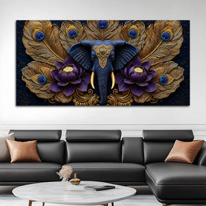 Royal Elephant Face with Peacock Feathers and Purple Lotus 3D Canvas Wall Painting