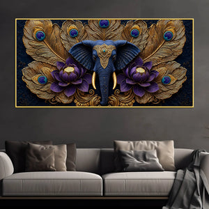 Royal Elephant Face with Peacock Feathers and Purple Lotus 3D Canvas Wall Painting