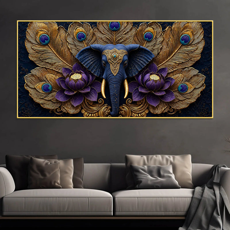 Royal Elephant Face with Peacock Feathers and Purple Lotus 3D Canvas Wall Painting