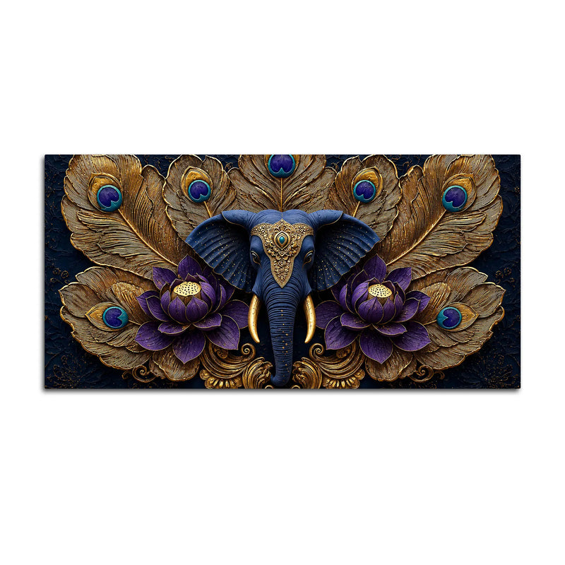 Royal Elephant Face with Peacock Feathers and Purple Lotus 3D Canvas Wall Painting