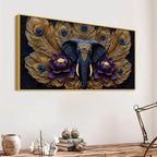Royal Elephant Face with Peacock Feathers and Purple Lotus 3D Canvas Wall Painting