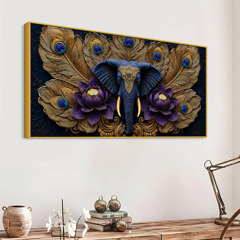 Royal Elephant Face with Peacock Feathers and Purple Lotus 3D Canvas Wall Painting