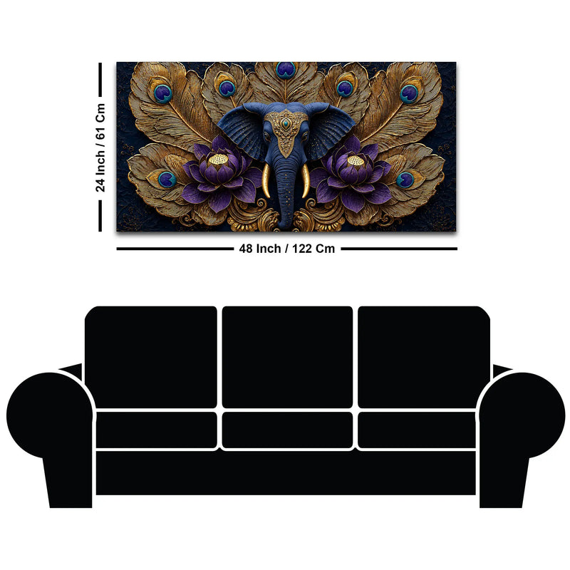 Royal Elephant Face with Peacock Feathers and Purple Lotus 3D Canvas Wall Painting