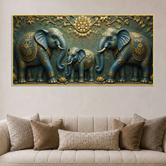Royal Elephant Family 3D Bas-Relief Type Canvas Wall Painting