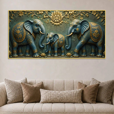 Royal Elephant Family 3D Bas-Relief Type Canvas Wall Painting
