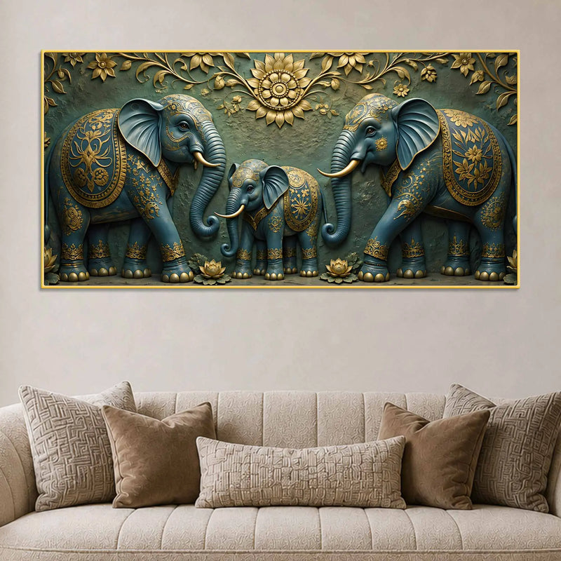 Royal Elephant Family 3D Bas-Relief Type Canvas Wall Painting