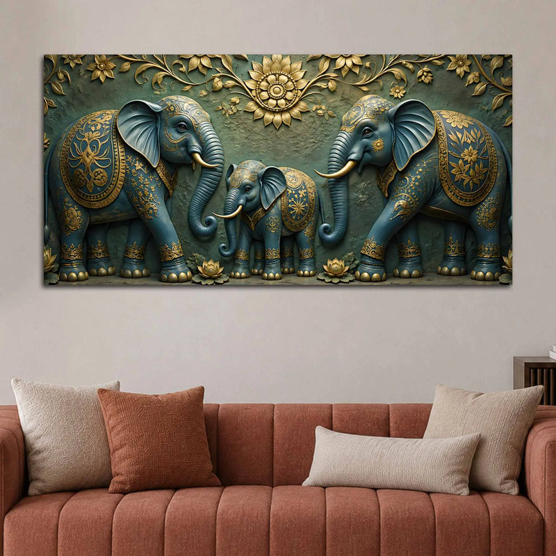 Royal Elephant Family 3D Bas-Relief Type Canvas Wall Painting