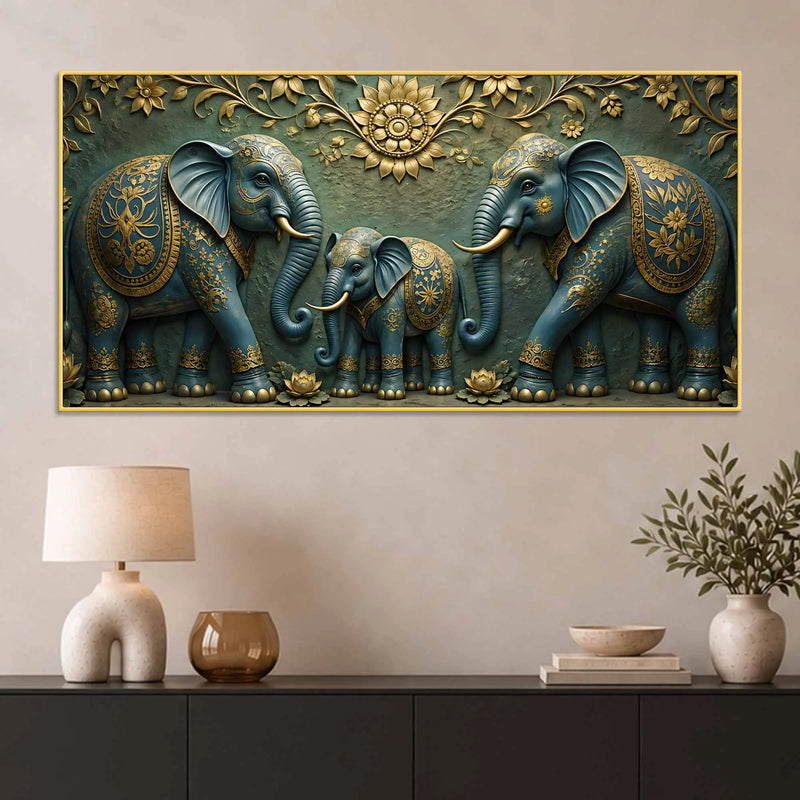 Royal Elephant Family 3D Bas-Relief Type Canvas Wall Painting
