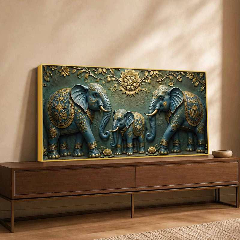 Royal Elephant Family 3D Bas-Relief Type Canvas Wall Painting