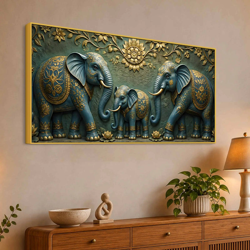 Royal Elephant Family 3D Bas-Relief Type Canvas Wall Painting