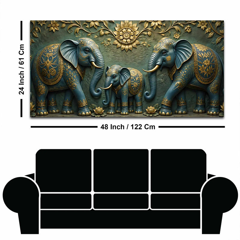 Royal Elephant Family 3D Bas-Relief Type Canvas Wall Painting