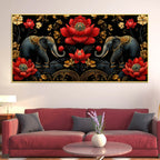 Royal Elephant Pair with Crimson Blooming Lotus 3D Canvas Wall Painting