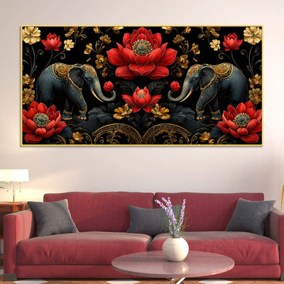 Royal Elephant Pair with Crimson Blooming Lotus 3D Canvas Wall Painting