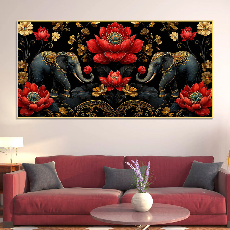 Royal Elephant Pair with Crimson Blooming Lotus 3D Canvas Wall Painting