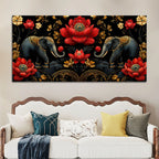 Royal Elephant Pair with Crimson Blooming Lotus 3D Canvas Wall Painting