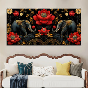 Royal Elephant Pair with Crimson Blooming Lotus 3D Canvas Wall Painting