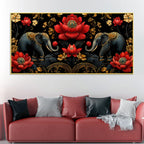 Royal Elephant Pair with Crimson Blooming Lotus 3D Canvas Wall Painting