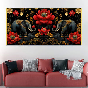 Royal Elephant Pair with Crimson Blooming Lotus 3D Canvas Wall Painting