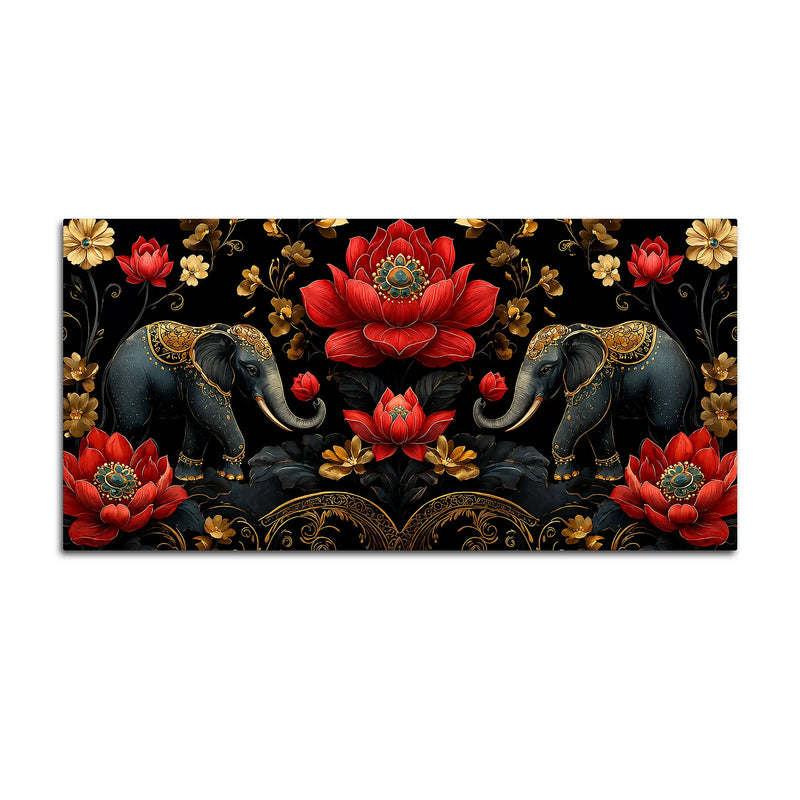 Royal Elephant Pair with Crimson Blooming Lotus 3D Canvas Wall Painting