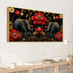 Royal Elephant Pair with Crimson Blooming Lotus 3D Canvas Wall Painting