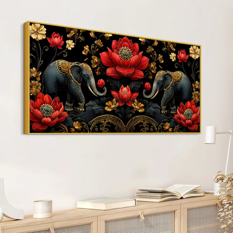 Royal Elephant Pair with Crimson Blooming Lotus 3D Canvas Wall Painting