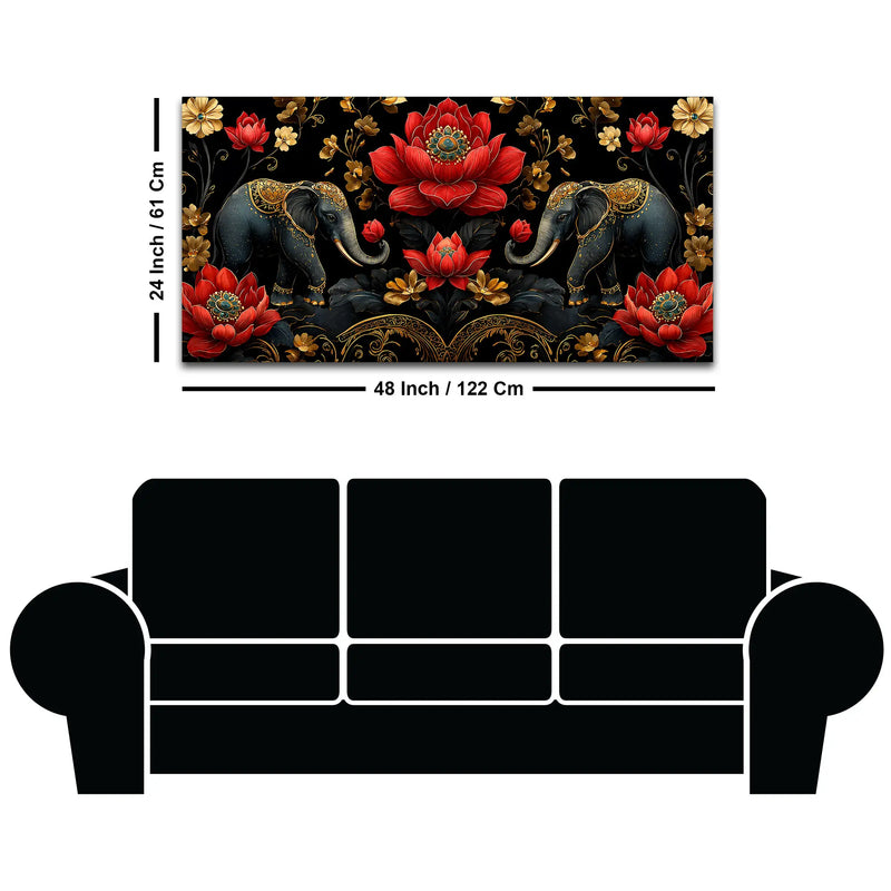 Royal Elephant Pair with Crimson Blooming Lotus 3D Canvas Wall Painting