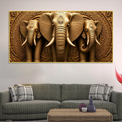 Royal Elephant Trio Relief Sculpture 3D Canvas Wall Painting