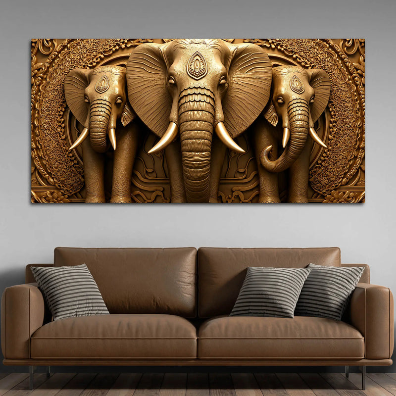 Royal Elephant Trio Relief Sculpture 3D Canvas Wall Painting