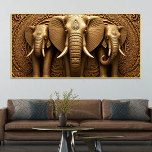 Royal Elephant Trio Relief Sculpture 3D Canvas Wall Painting