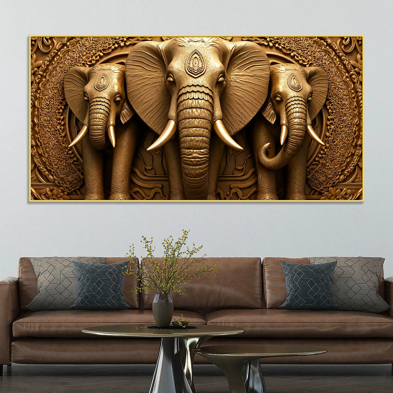 Royal Elephant Trio Relief Sculpture 3D Canvas Wall Painting