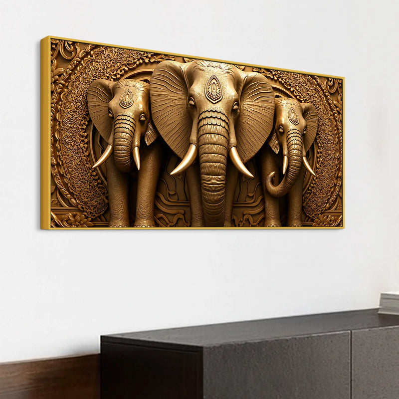 Royal Elephant Trio Relief Sculpture 3D Canvas Wall Painting