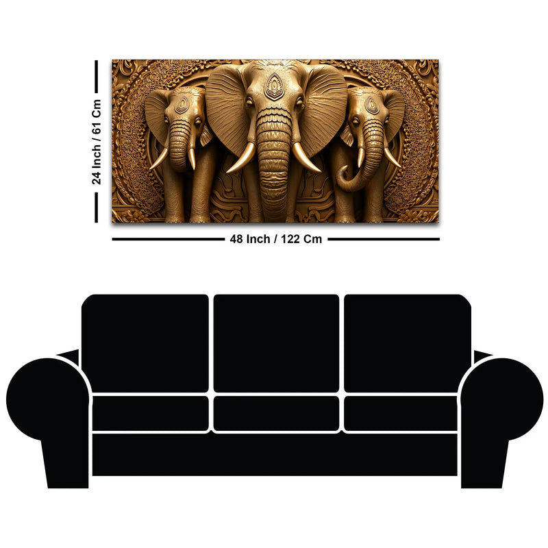 Royal Elephant Trio Relief Sculpture 3D Canvas Wall Painting