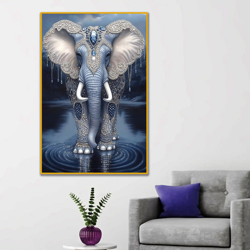 Royal Elephant with Decorative Patterns Metal Floating Frame Crystal Wall Painting