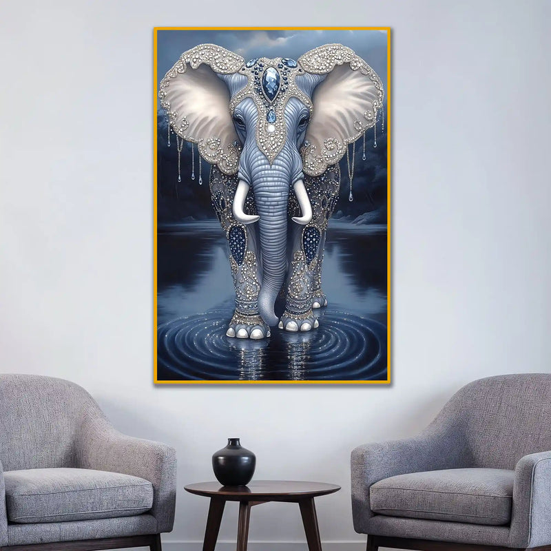 Royal Elephant with Decorative Patterns Metal Floating Frame Crystal Wall Painting