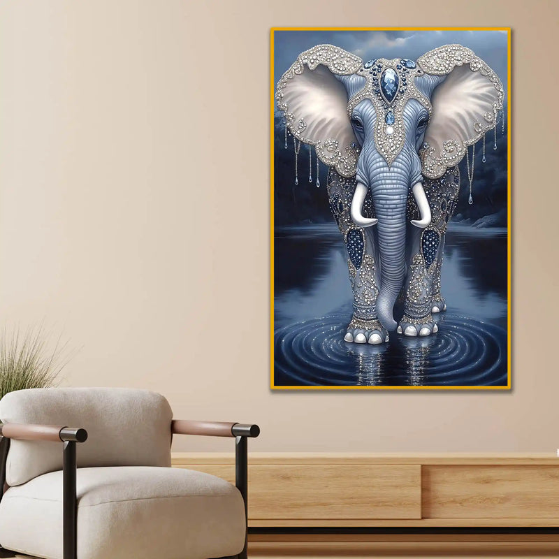 Royal Elephant with Decorative Patterns Metal Floating Frame Crystal Wall Painting