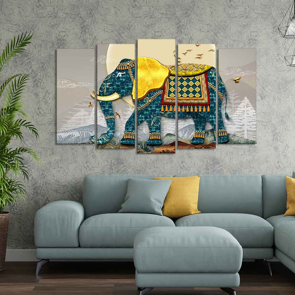 Royal Elephant With Golden Tusks Canvas Wall Painting of Five Pieces