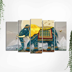 Royal Elephant With Golden Tusks Canvas Wall Painting of Five Pieces