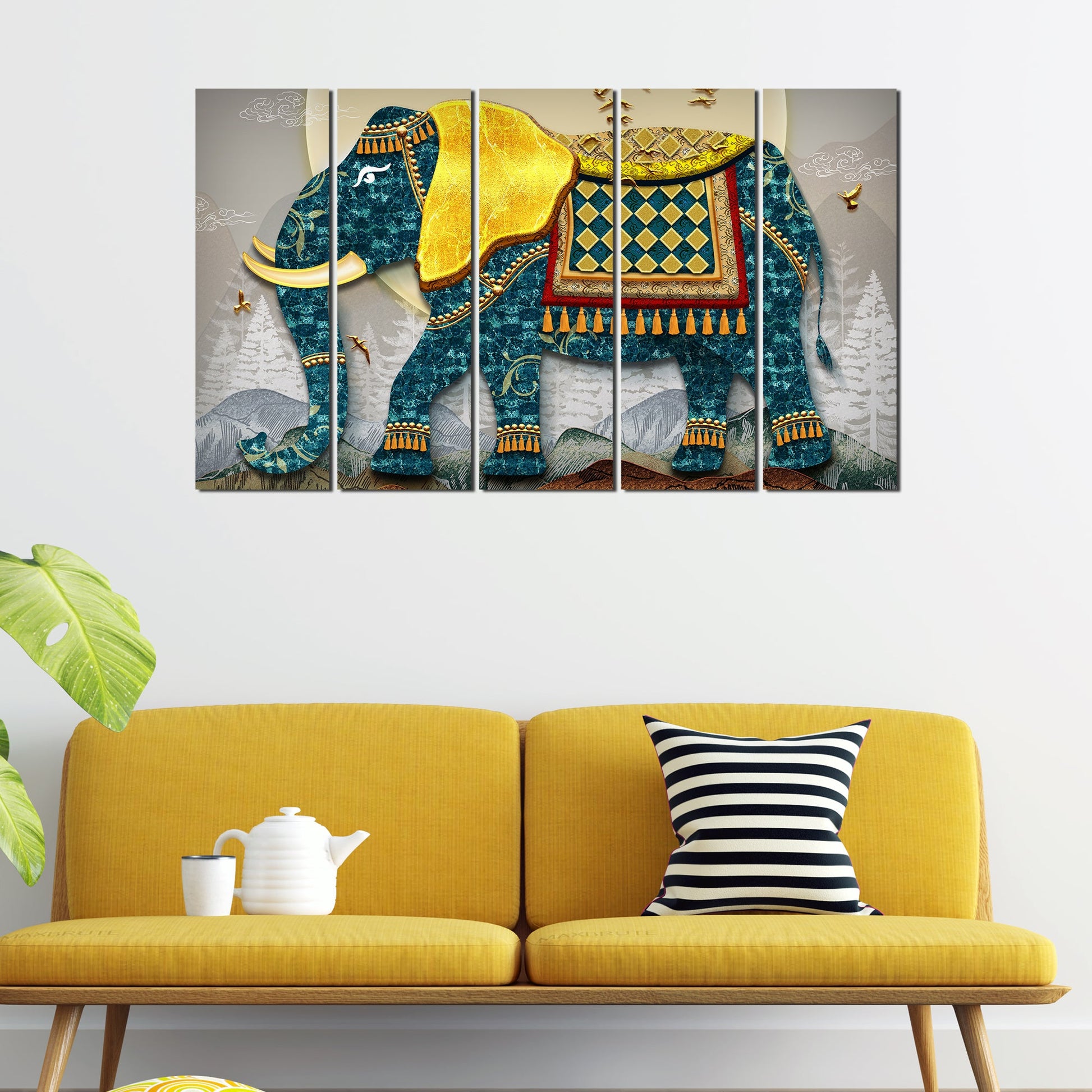 Royal Elephant With Golden Tusks Canvas Wall Painting Set of Five