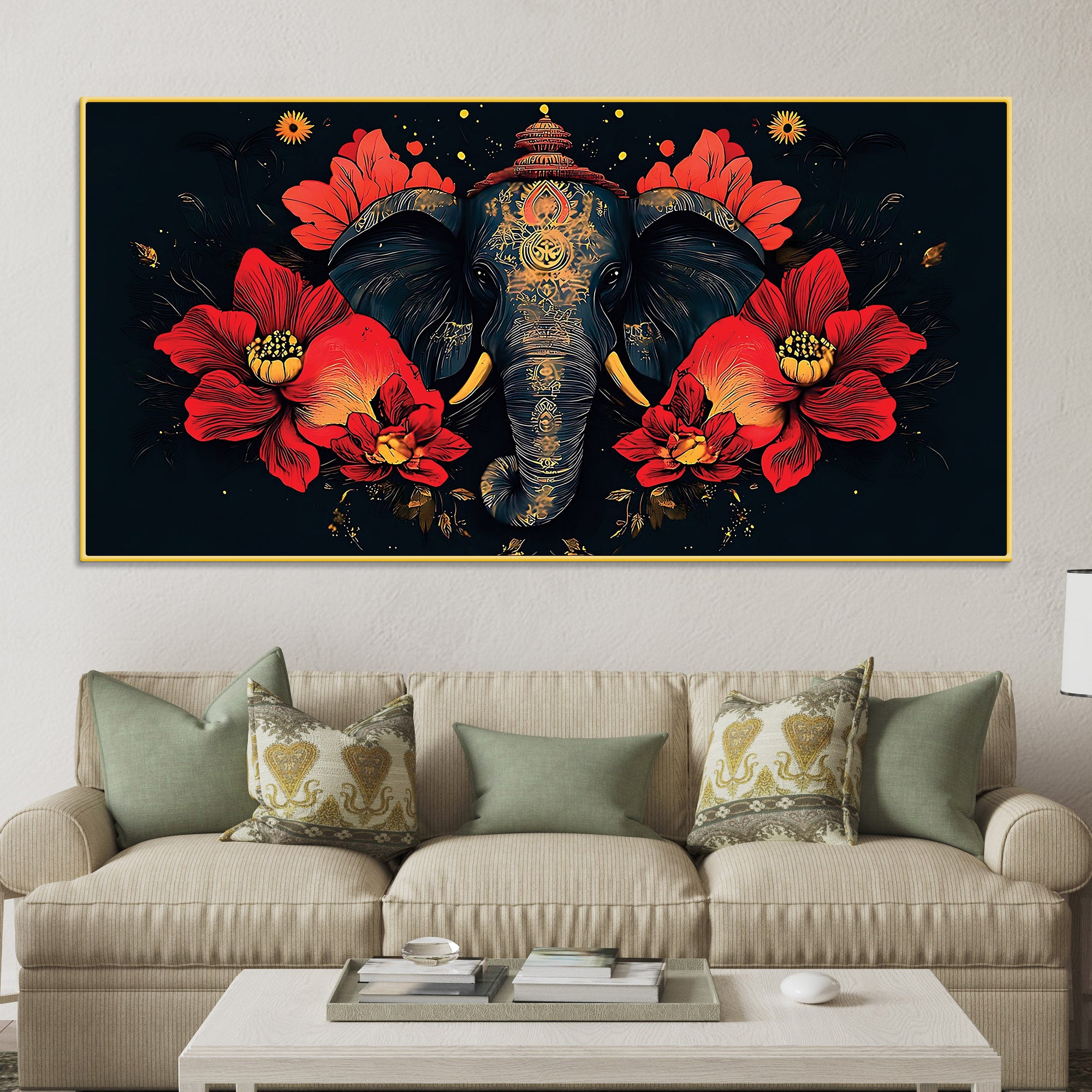 royal-elephant-with-hibiscus-flowers-artistic-canvas-wall-painting