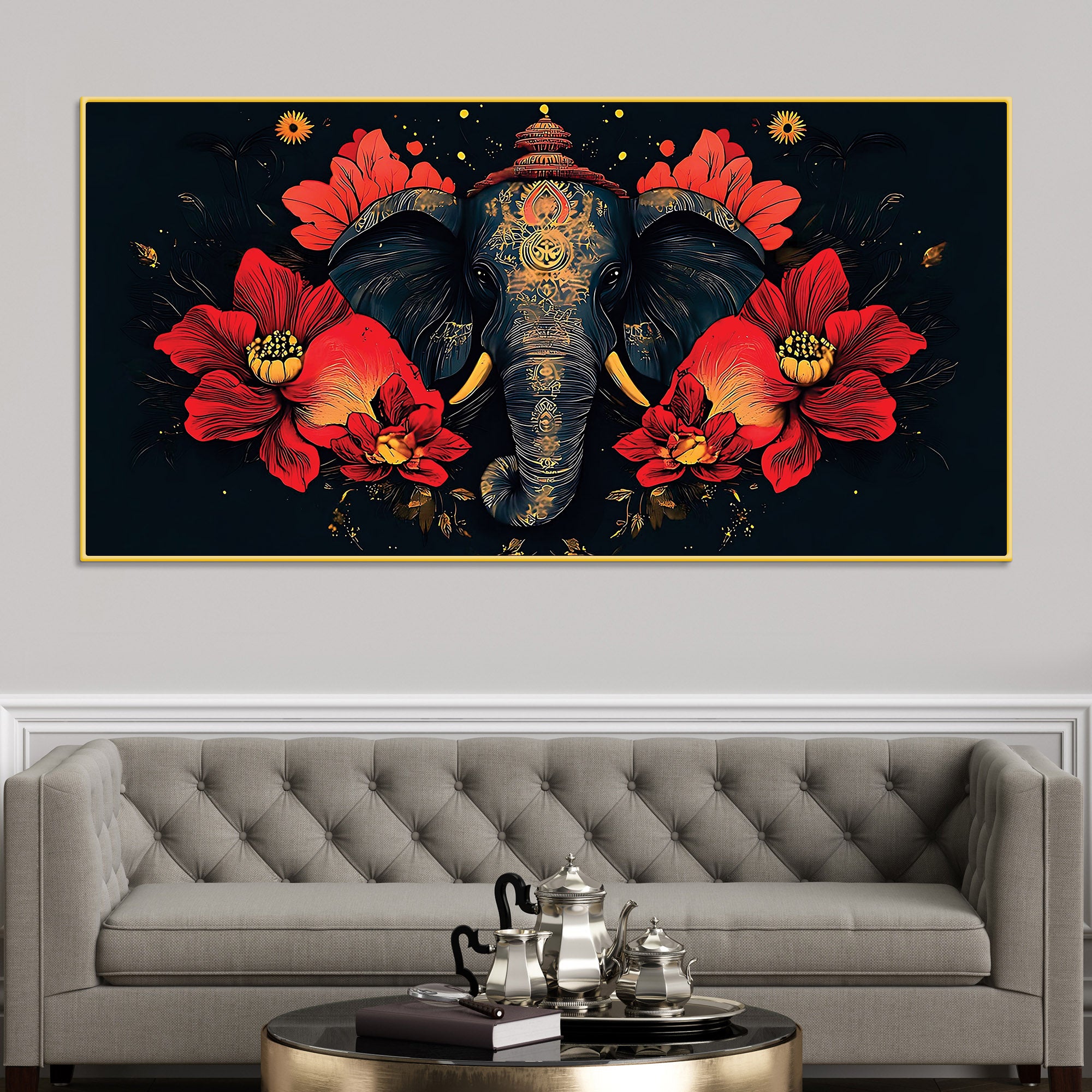 Royal Elephant with Hibiscus flowers Artistic Canvas Wall Painting for Home & Office – Premium Wall Décor