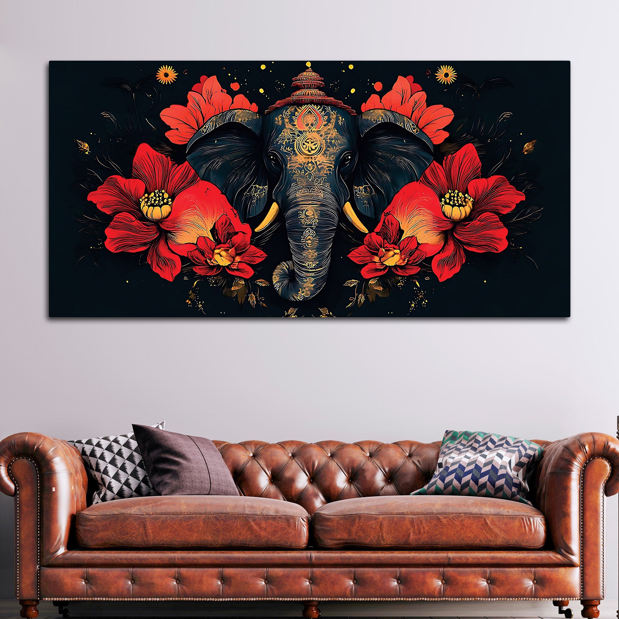 Royal Elephant with Hibiscus flowers Artistic Canvas Wall Painting for Home & Office – Premium Wall Décor