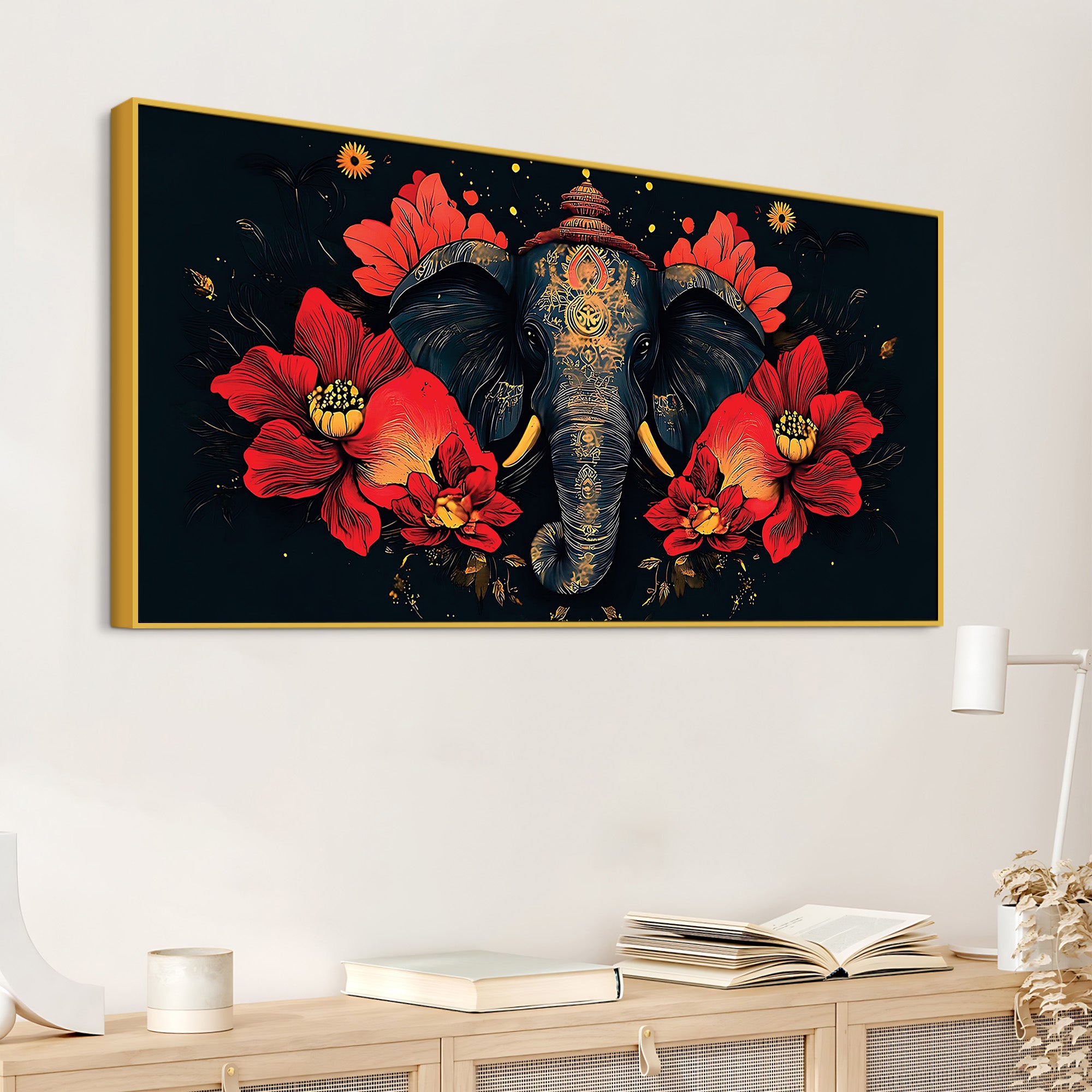 Royal Elephant with Hibiscus flowers Artistic Canvas Wall Painting for Home & Office – Premium Wall Décor