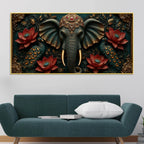 Royal Elephant with Twin Peacocks and Crimson Lotus 3D Canvas Wall Painting