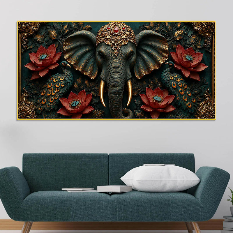 Royal Elephant with Twin Peacocks and Crimson Lotus 3D Canvas Wall Painting
